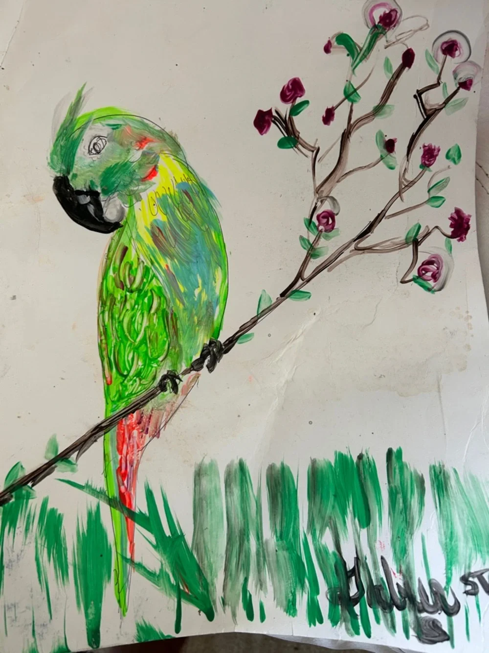 Colorful Green Parrot Chew - Vibrant Green with Red Accents painting